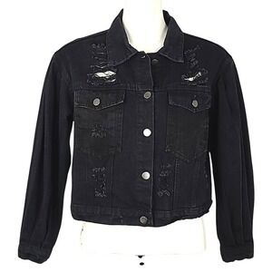 Shein Distressed Cropped  Black Denim Jean Jacket Puffy Sleeves Size XS